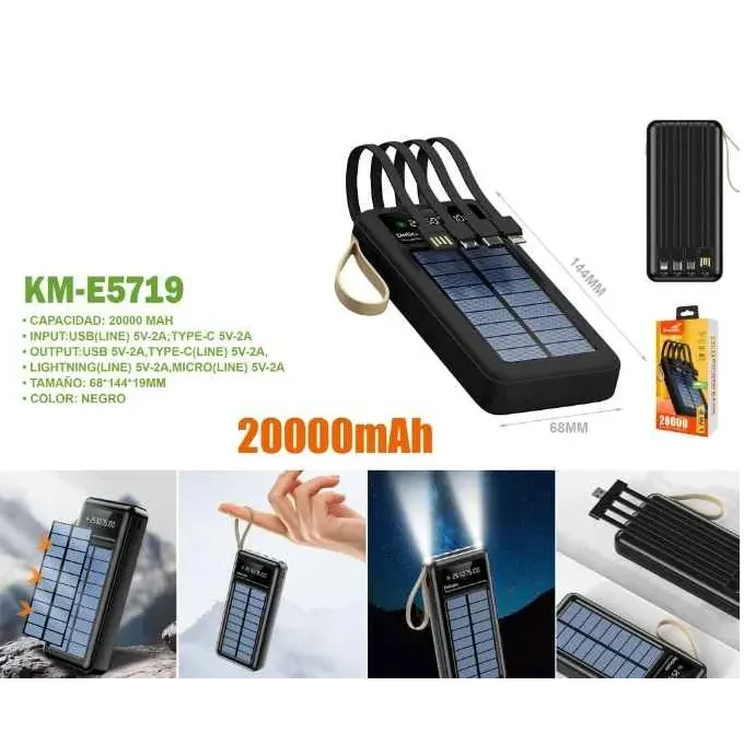 KINGMOX 4 IN 1 POWER BANK SOLAR PORTATIL 20000mAh KM-E5719